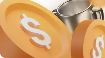 Image featuring large gold coins with dollar signs and a silver trophy in the background, representing the crypto deposit bonus at Money X Internet Casino.