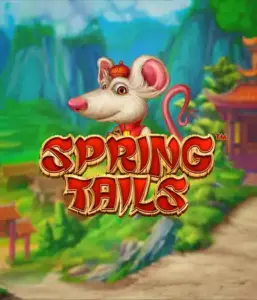 A charming illustration of a white rat dressed in traditional Chinese attire standing in a scenic landscape with mountains. The image represents the Spring Tails game by Betsoft, showcased with prominent red and gold logo lettering.